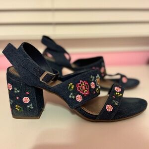 Impo Dark Blue Denim Heels with Colorful Embroidered Floral Design